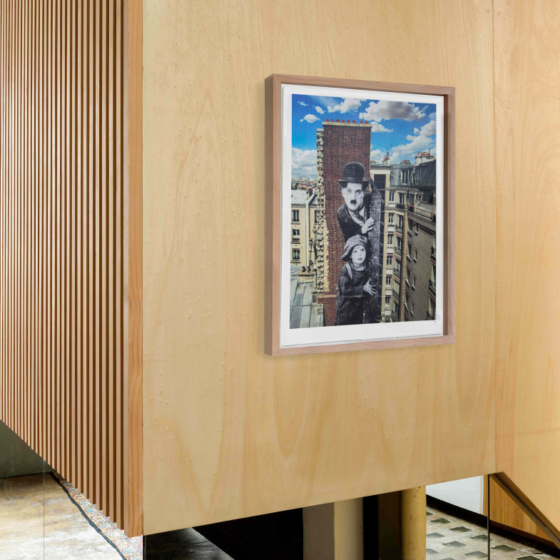 Unframed Charlie Chaplin revu par JR, The Kid, Charlie Chaplin & Jackie Coogan, USA, 1923, de jour Paris, 2021