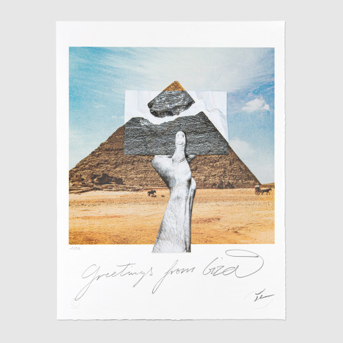 Trompe l'oeil Greetings From Giza, Pasting on Lithograph, Giza, Egypt, 2022 Trompe l'oeil Greetings From Giza, Pasting on Lithograph, Giza, Egypt, 2022