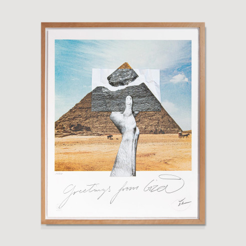 Trompe l'oeil Greetings From Giza, Pasting on Lithograph, Giza, Egypt, 2022 Trompe l'oeil Greetings From Giza, Pasting on Lithograph, Giza, Egypt, 2022